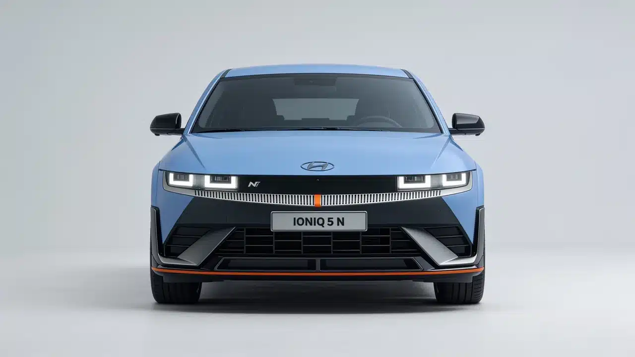 Blue Hyundai Ioniq 5 N electric crossover shown from the front in a clean studio setting.
