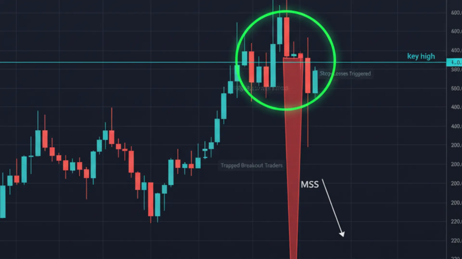 bullish reversal candlestick pattern highlighted with circled resistance zone and sharp drop after rejection