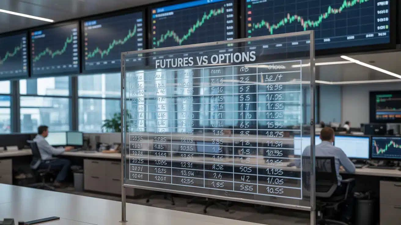 glassboard comparing futures and options trades with a market graph showing identical movement for both