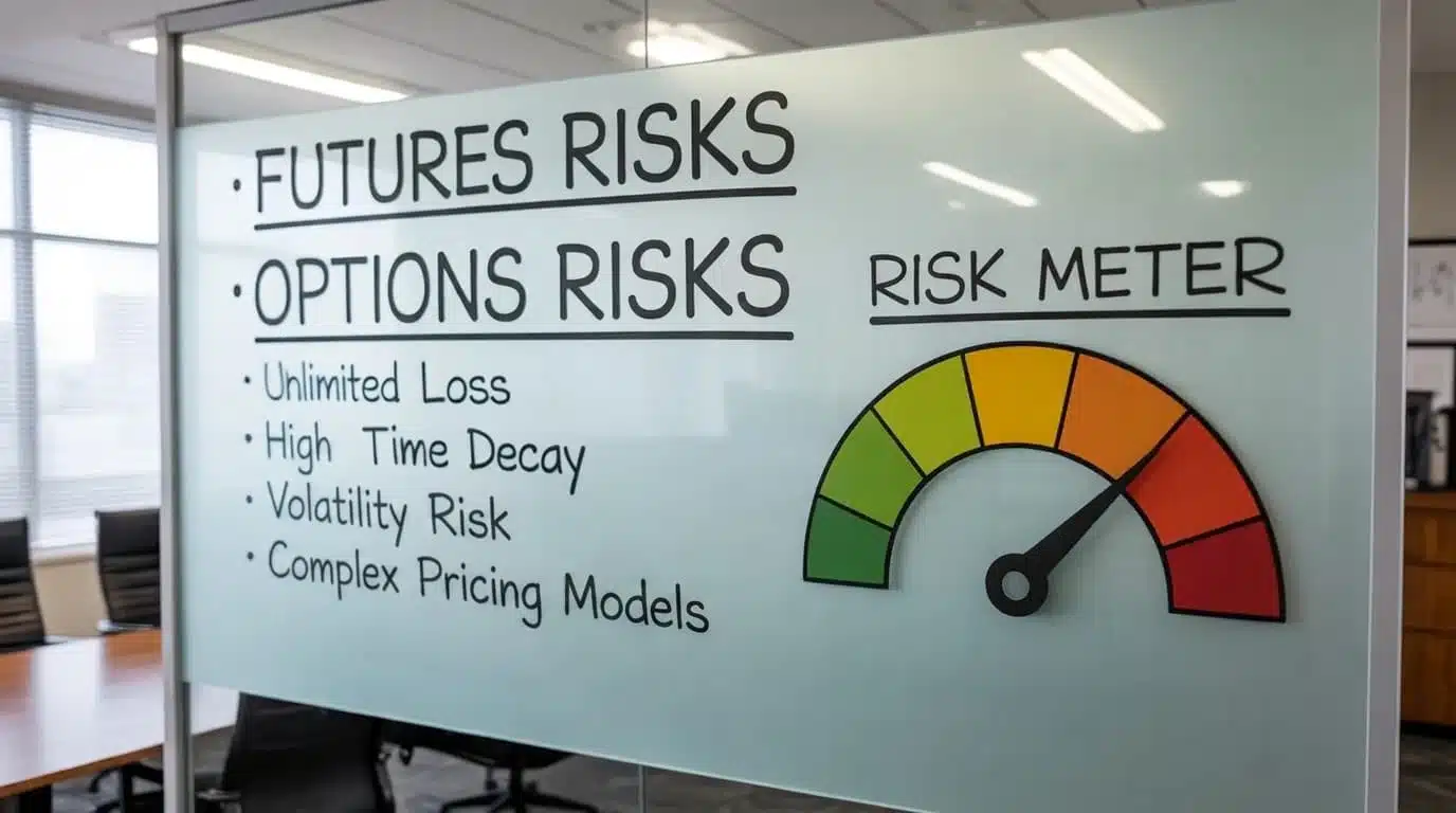 glassboard with futures and options risks listed, alongside a risk meter graphic (1)