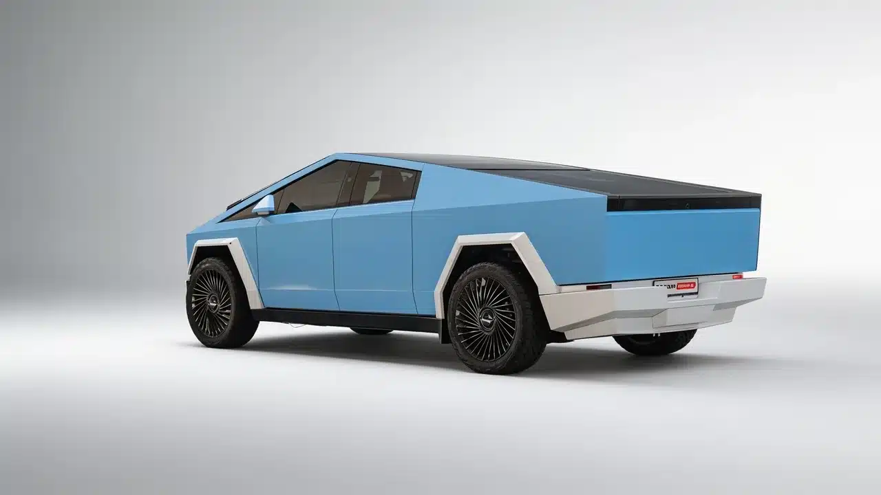 Light blue Tesla Cybertruck Beast electric pickup shown from the rear side in a clean studio setting.