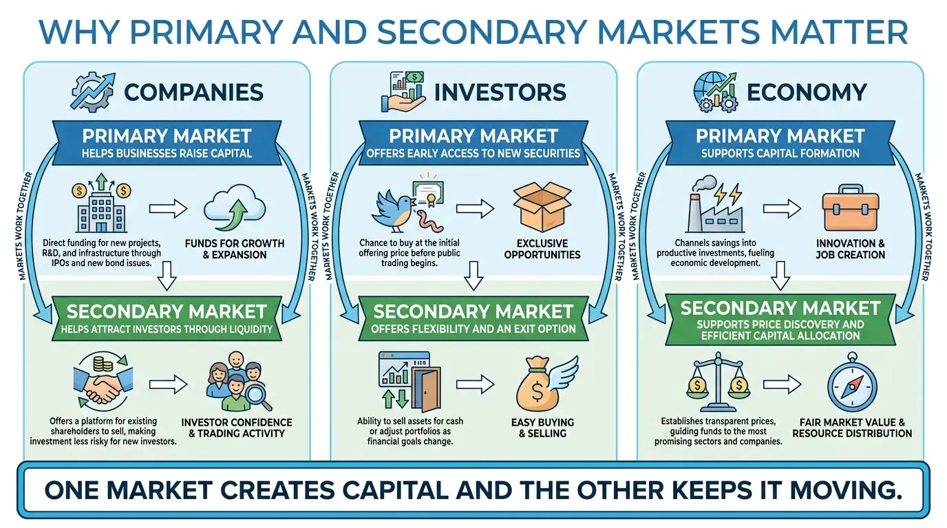 primary and secondary markets infographic showing benefits for companies investors and the economy