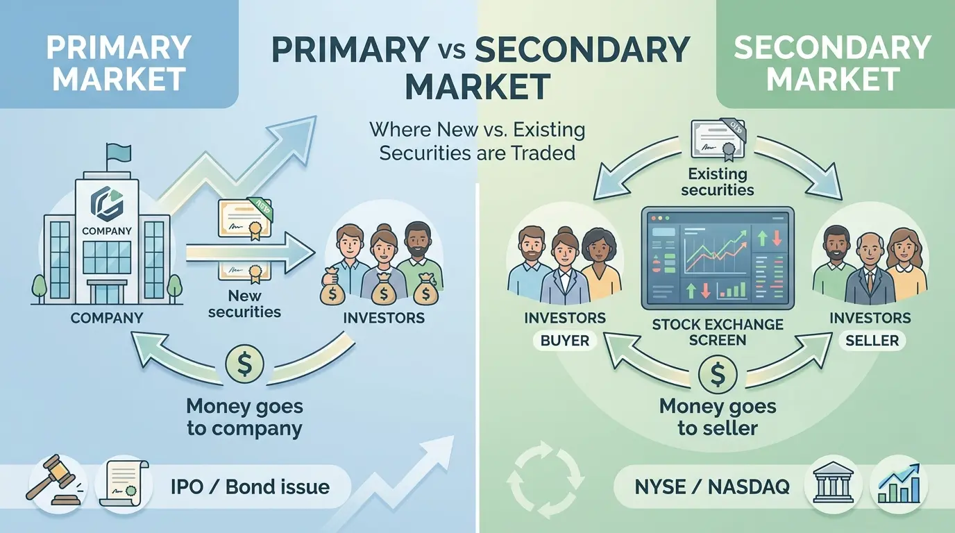 primary vs secondary market showing new securities issued and existing securities traded between investors