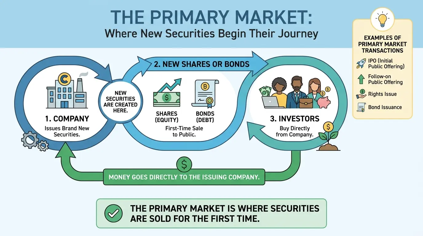 primary market infographic showing new securities issued by a company and money flowing to the issuer