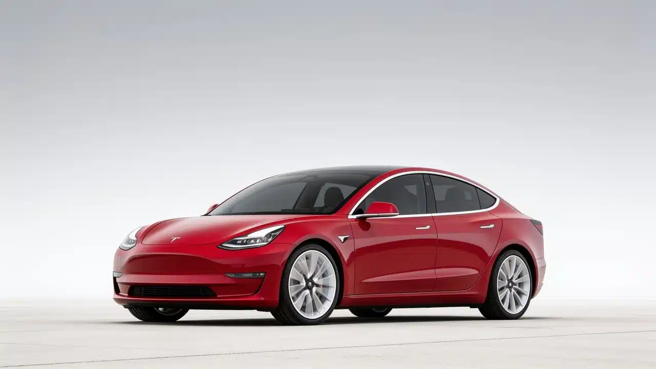 Red Tesla Model 3 Performance electric sedan parked on a clean open road with a minimal light background.