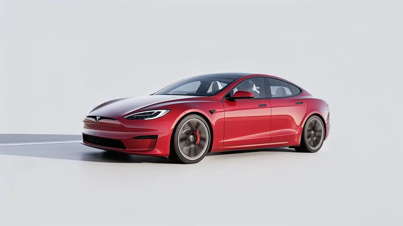 Red Tesla Model S Plaid electric sedan driving on a clean open road with a minimal light background.