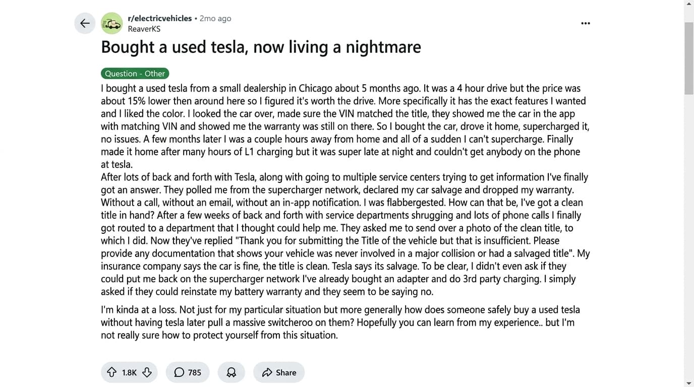 reddit post about used tesla losing supercharging and warranty after being flagged as salvage vehicle (1)