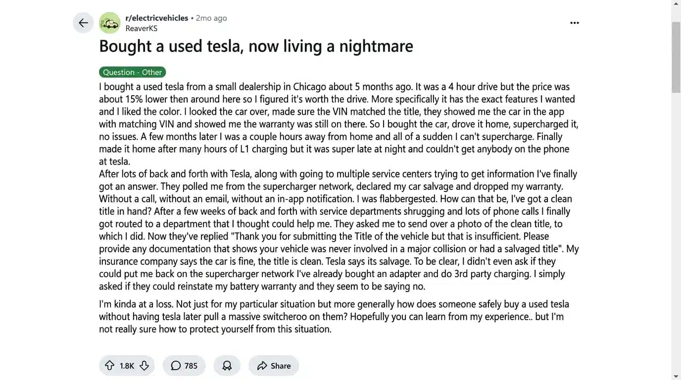 reddit post about used tesla losing supercharging and warranty after being flagged as salvage vehicle (1)