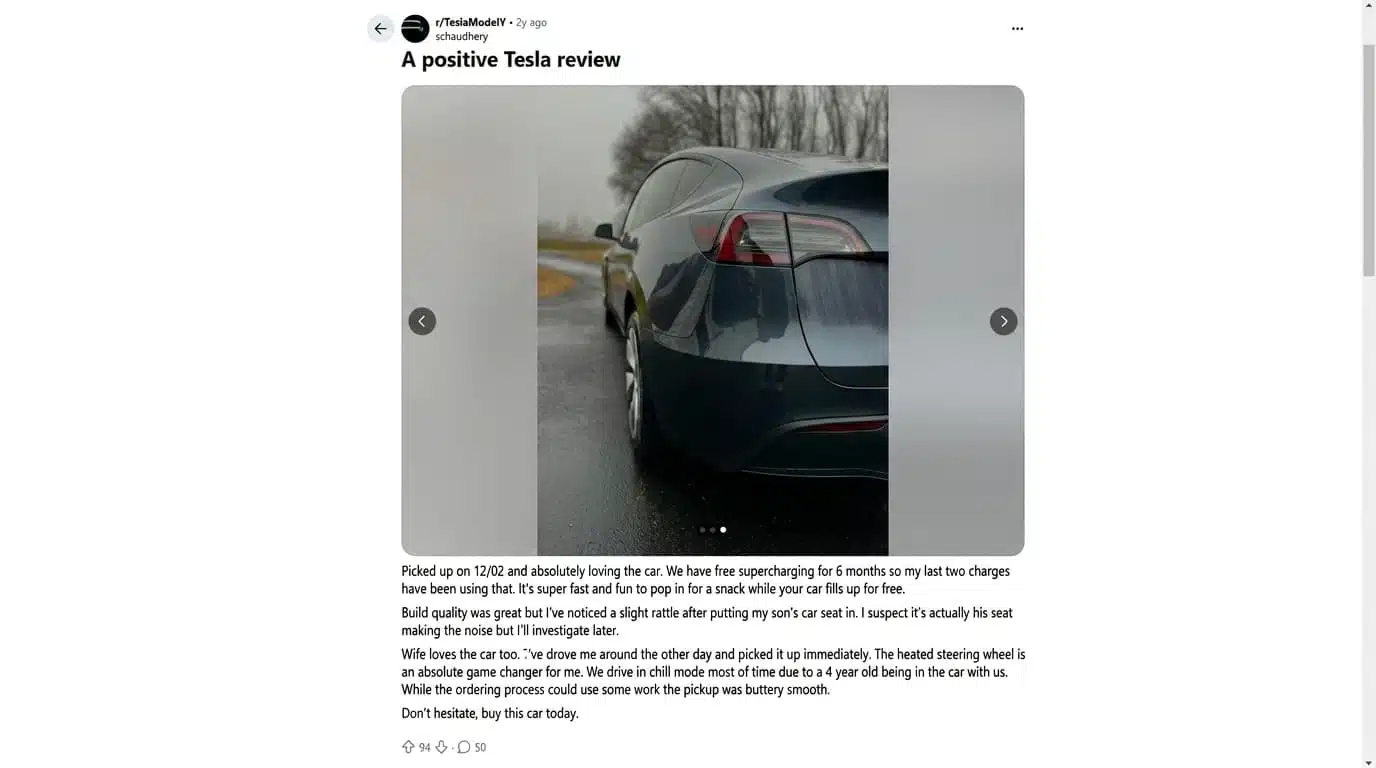 reddit post showing a dark tesla model y rear view parked on a wet road with a positive ownership review