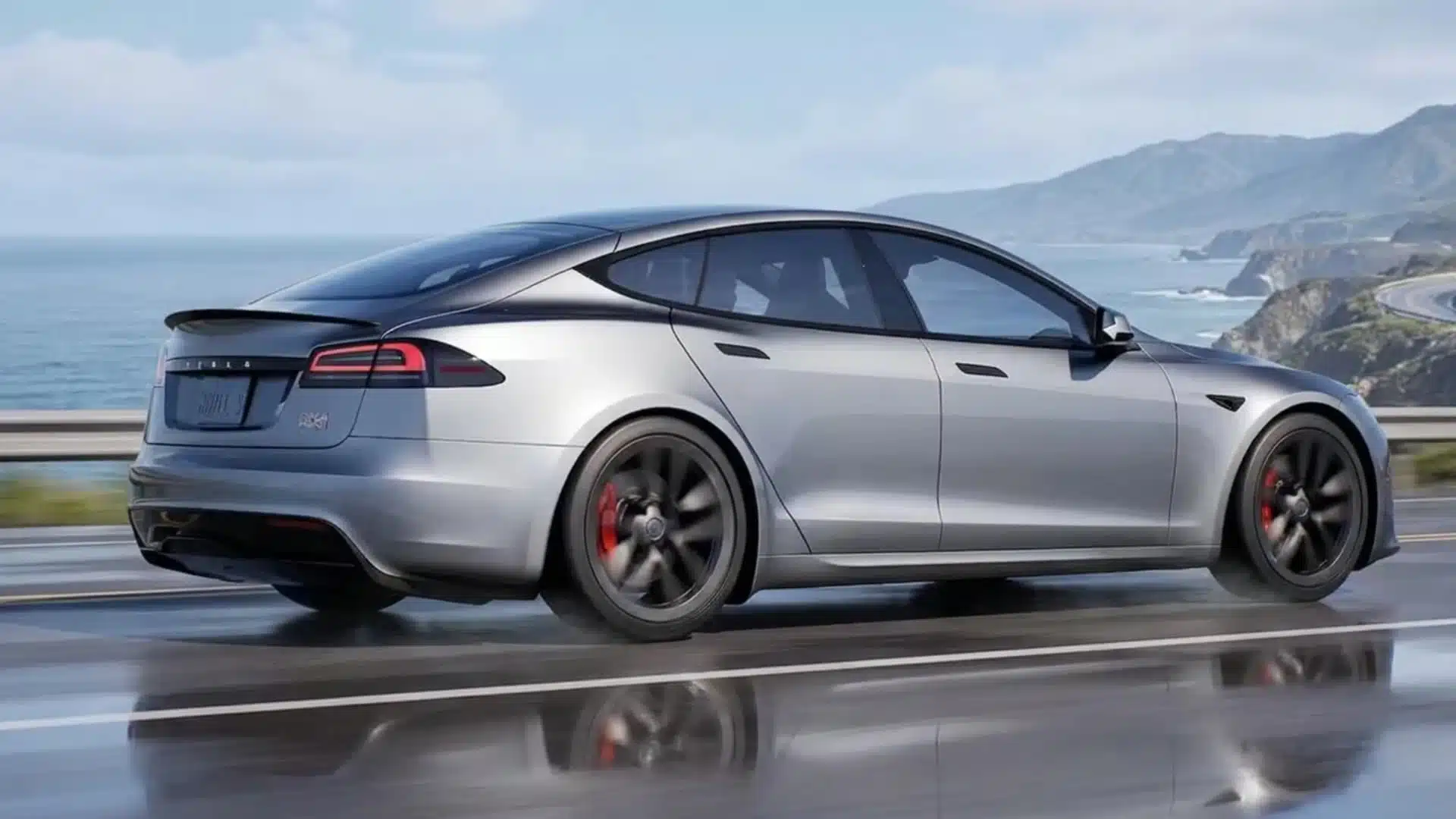 silver Tesla sedan driving on wet road with motion blur, showing smooth performance, strong grip, and real-world electric vehicle driving conditions