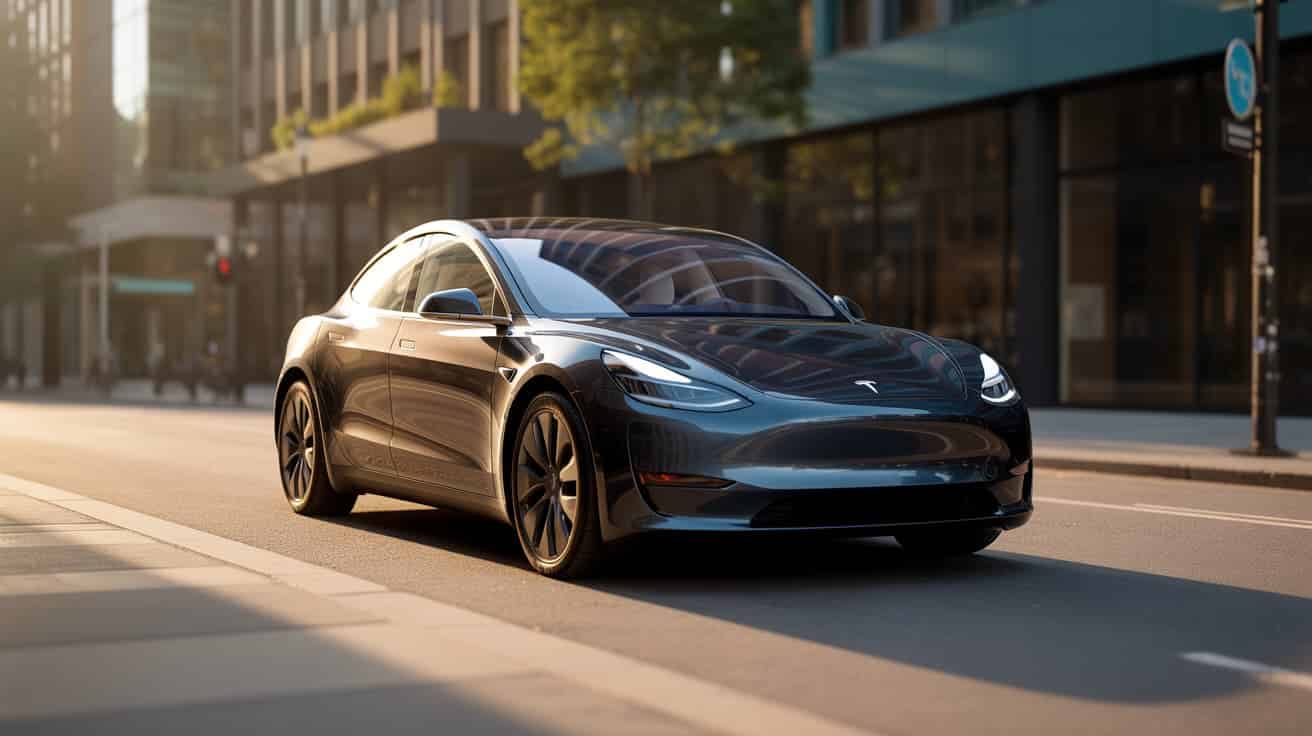 tesla car parked on a city street at sunset with modern buildings and soft golden light