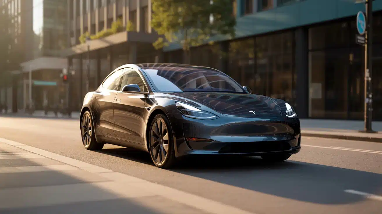 tesla car parked on a city street at sunset with modern buildings and soft golden light