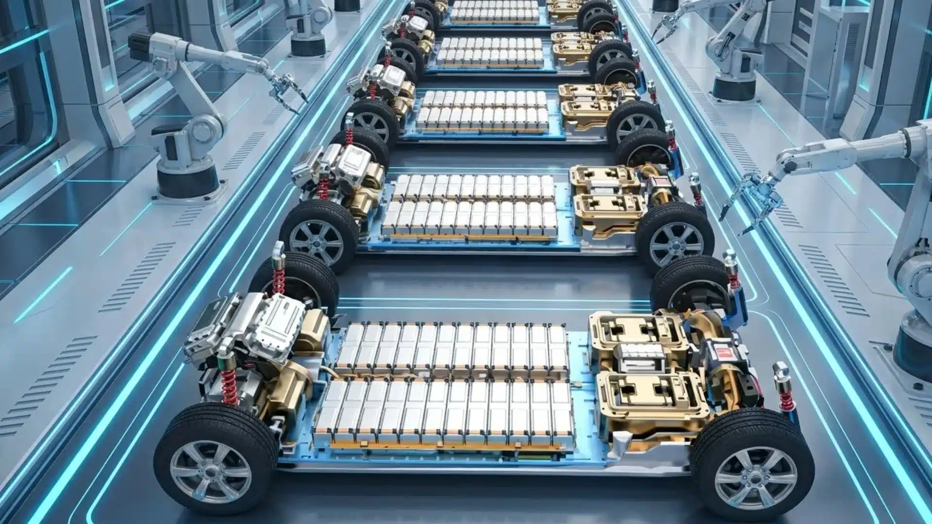 tesla battery pack assembly line with electric vehicle chassis, showing advanced battery technology, durability, and manufacturing process inside modern factor