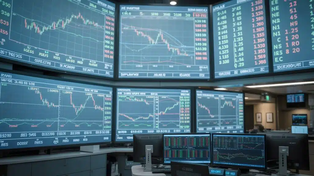 trader analyzing futures and options charts on multiple screens in a modern trading office
