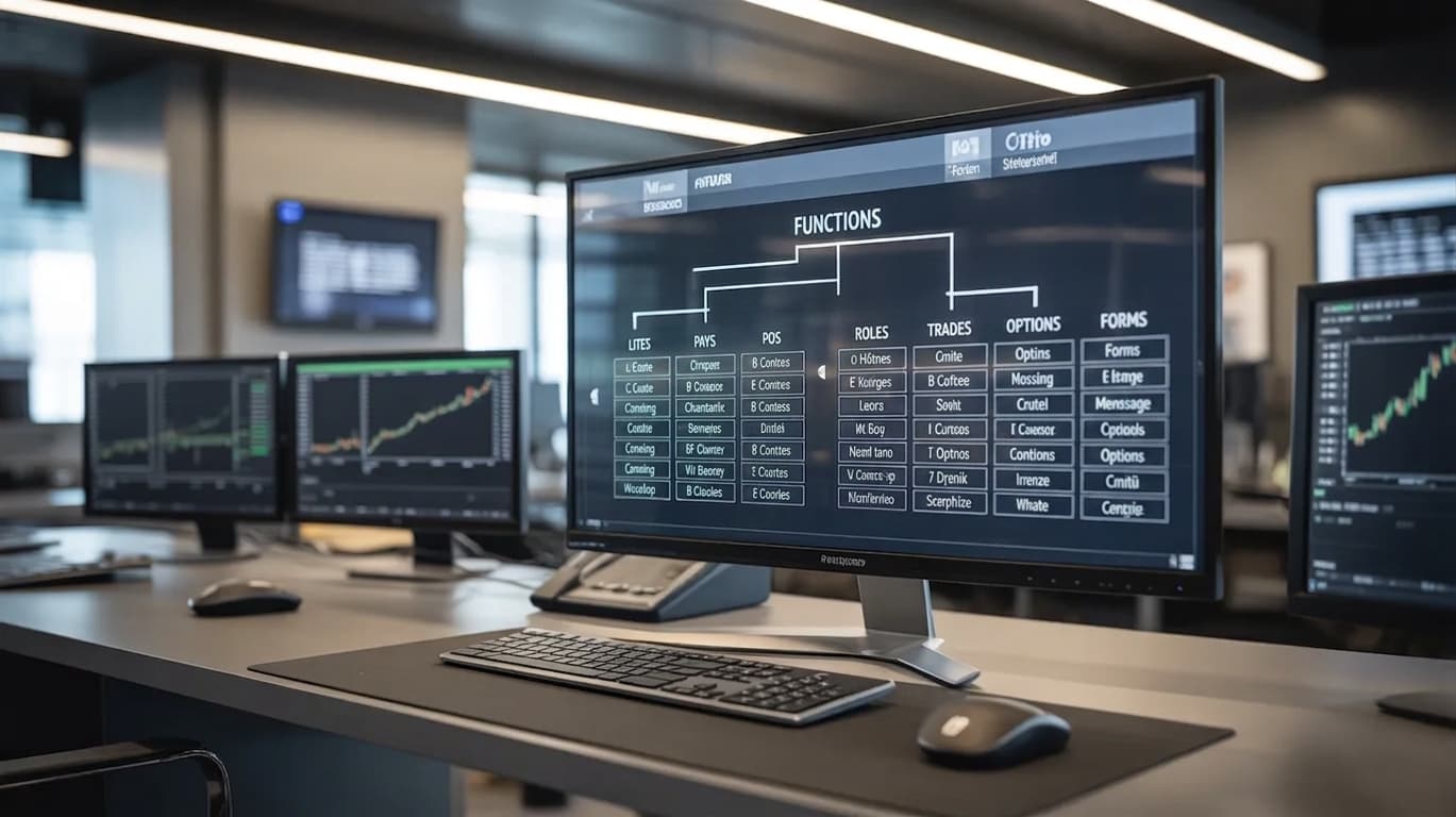 trading desk with multiple monitors displaying stock charts, a flowchart of functions, and market data analysis