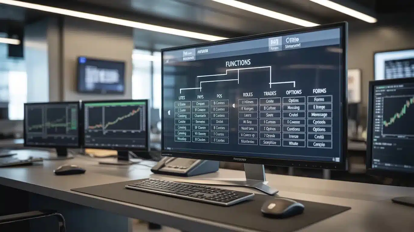 trading desk with multiple monitors displaying stock charts, a flowchart of functions, and market data analysis