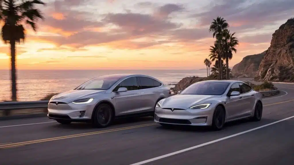 two Tesla cars driving side by side on coastal highway at sunset, showing electric performance, smooth ride, and modern design in real conditions
