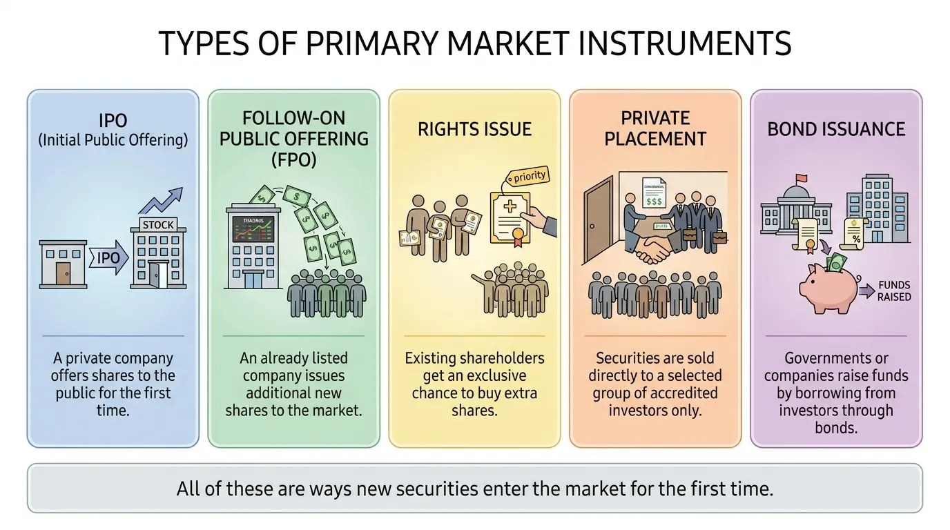 types of primary market instruments showing ipo fpo rights issue private placement and bonds