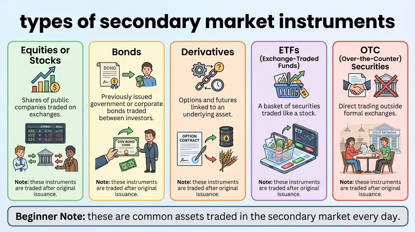 types of secondary market instruments showing stocks bonds derivatives etfs and otc securities